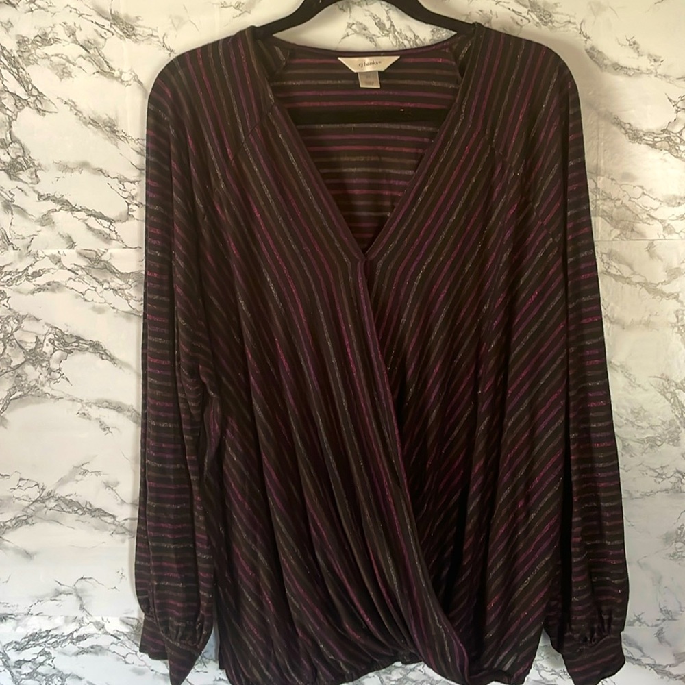 CJ Banks size 2x black/pink stripe long sleeve knit top.